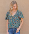 V Neck Print Short Sleeve Top - Kelly Green