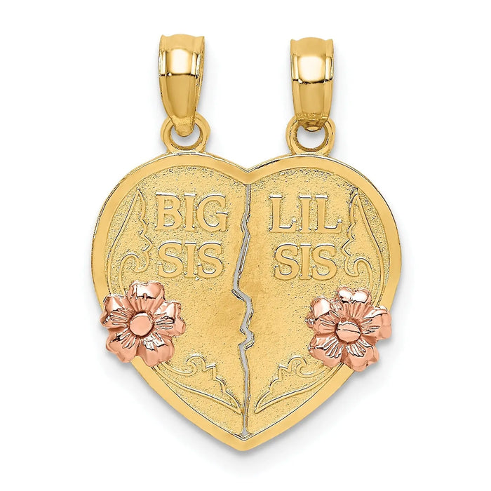 14k Gold BIG SIS-LIL SIS Break-apart Heart Charm Pendant by Fine Color Jewels