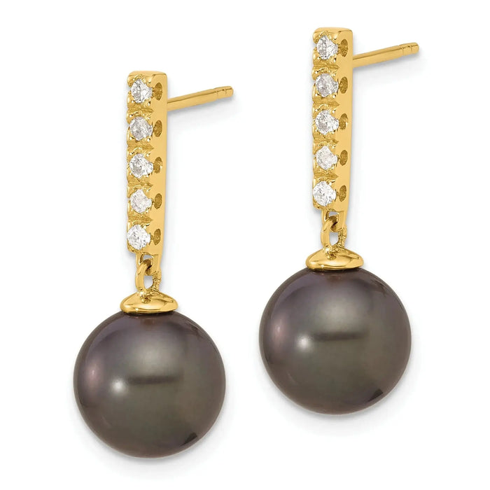 14k Gold Black Tahitian Pearl Diamond Post Dangle Earrings by Fine Color Jewels
