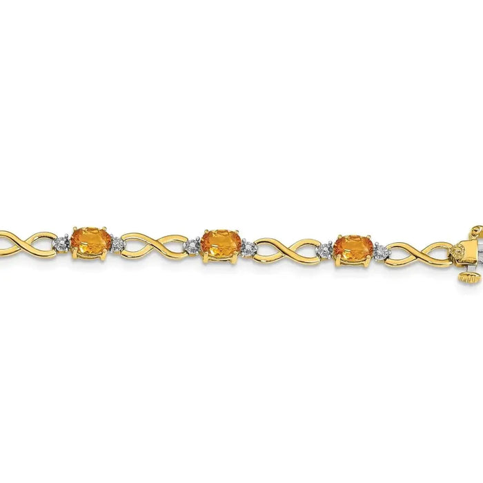 14K Gold Infinity Genuine Citrine and Diamond Bracelet by Fine Color Jewels