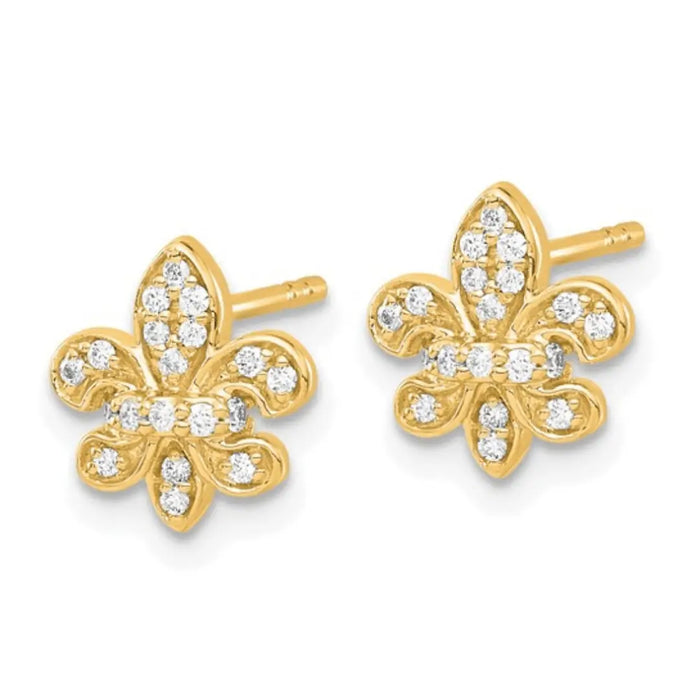 14K Gold Lab Diamond Fleur de Lis Post Earrings by Fine Color Jewels
