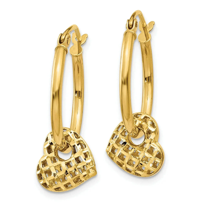 14K Gold Moveable Heart Hoop Earrings by Fine Color Jewels