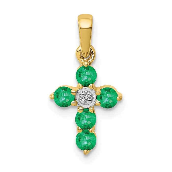 14k Gold Natural Emerald Diamond Cross Pendant by Fine Color Jewels