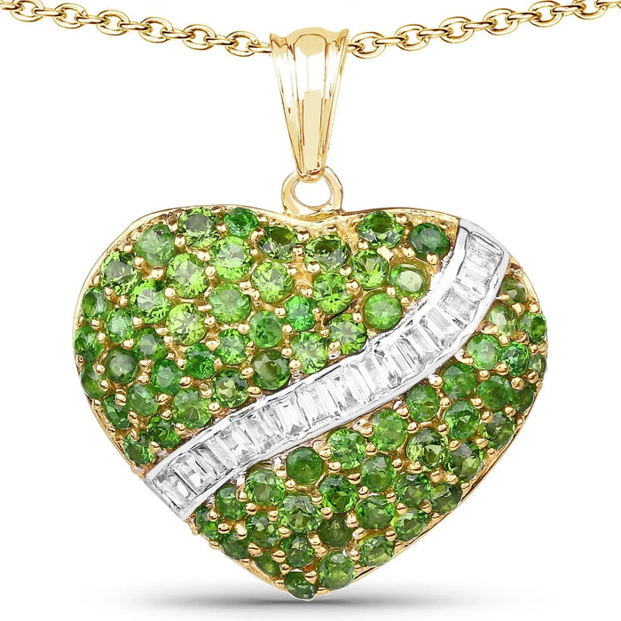 14K Gold Plated Genuine Chrome Diopside Heart Pendant With Chain by Fine Color Jewels