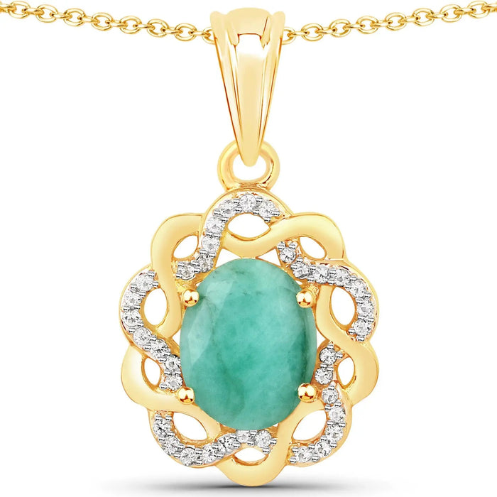 14K Gold Plated Genuine Emerald Halo Pendant Necklace by Fine Color Jewels
