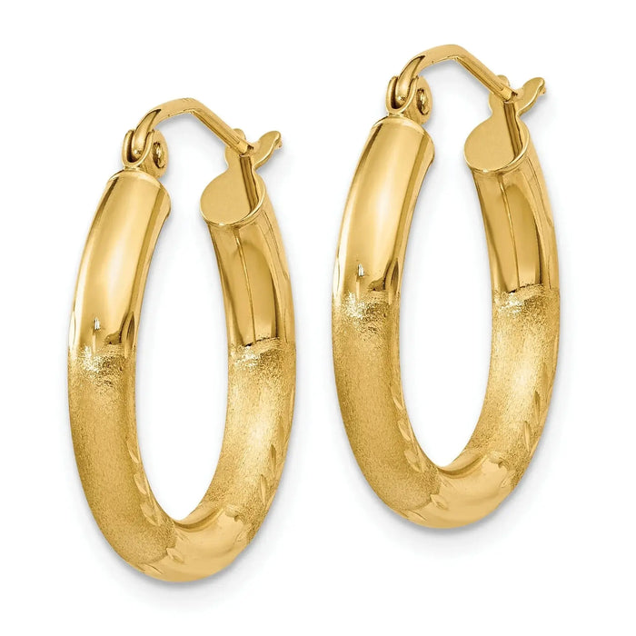 14k Gold Satin and Diamond-cut Round Hoop Earrings by Fine Color Jewels