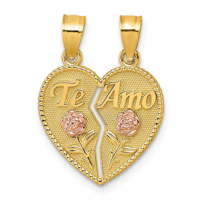 14k Gold TE AMO And Roses Break-Apart Heart Pendant by Fine Color Jewels