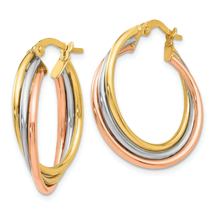 14K Gold Tri-color Textured Twisted Hoop Earrings by Fine Color Jewels