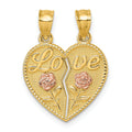 14k Real Gold LOVE And Roses Heart breakable pendant by Fine Color Jewels