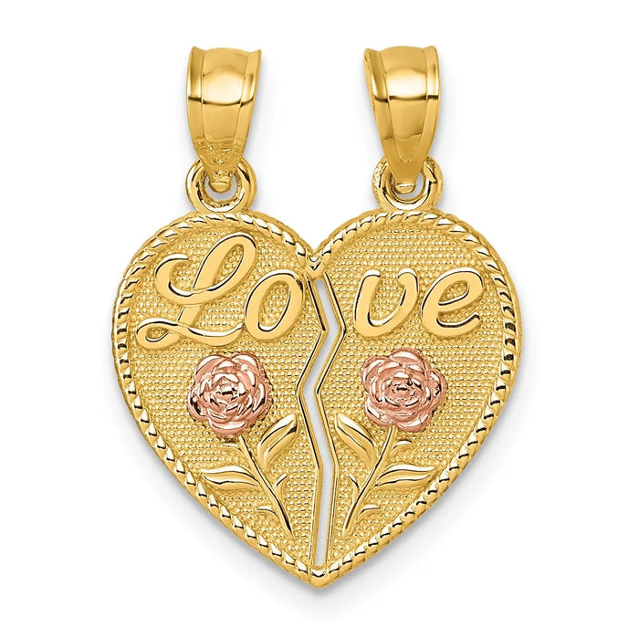 14k Real Gold LOVE And Roses Heart breakable pendant by Fine Color Jewels