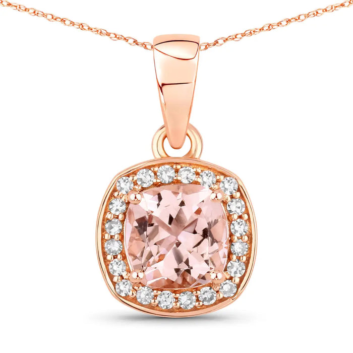 14K Rose Gold Cushion-Cut Morganite Halo Necklace by Fine Color Jewels