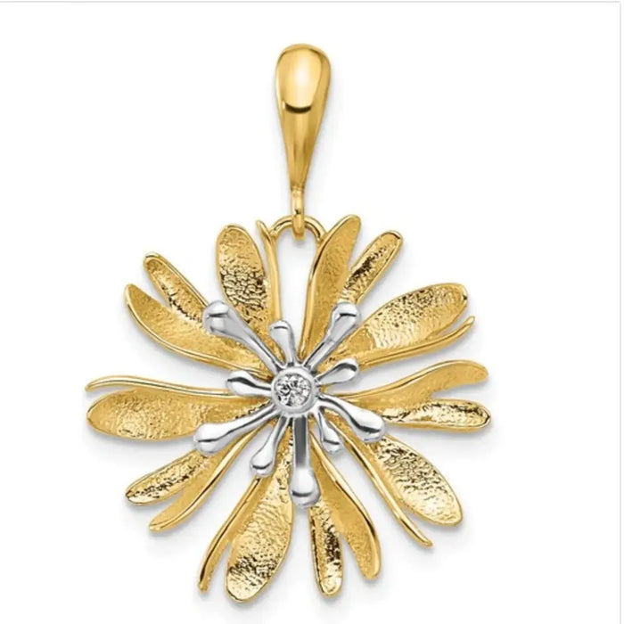 14K Two-Tone Gold Natural Diamond Flower Pendant by Fine Color Jewels