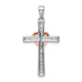 14k Two Tone Rose and White Gold Lab Grown Diamond Cross with Heart Pendant by Fine Color Jewels