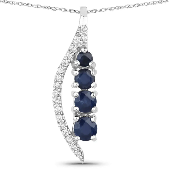 14K White Gold Blue Sapphire And Diamond Necklace by Fine Color Jewels