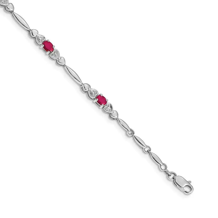 14k White Gold Diamond and Oval Ruby Heart Design 7 inch Bracelet by Fine Color Jewels