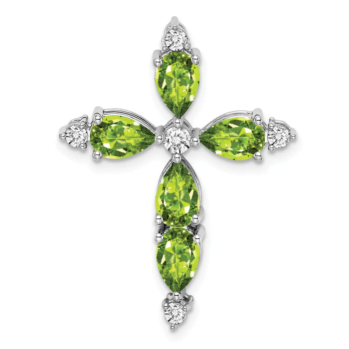 14k White Gold Natural Green Peridot Diamond Cross Pendant by Fine Color Jewels