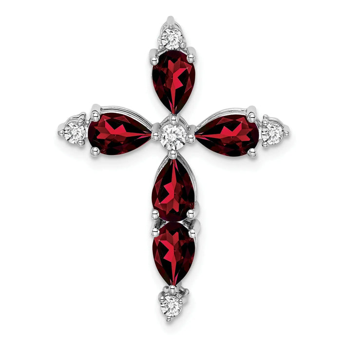 14k White Gold Natural Pear Garnet Diamond Cross Pendant by Fine Color Jewels