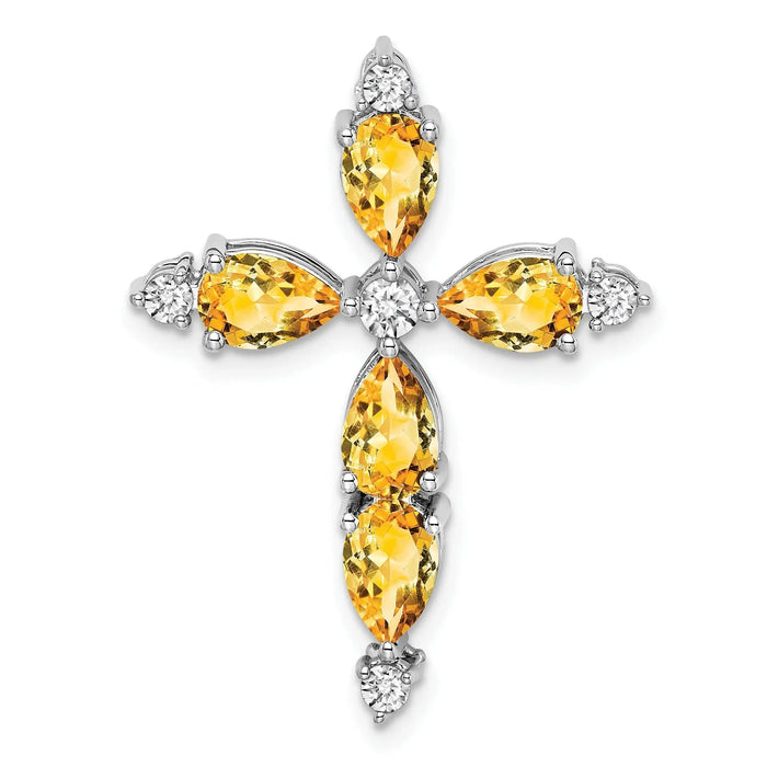 14k White Gold Natural Pear Yellow Citrine Diamond Cross Pendant by Fine Color Jewels