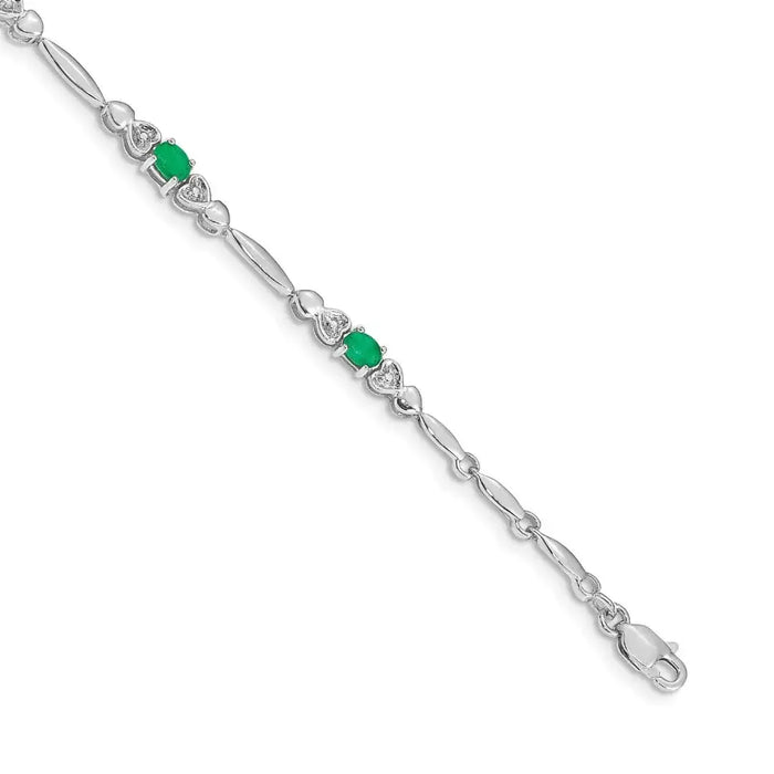 14k White Gold Oval Green Emerald Heart 7 inch Bracelet by Fine Color Jewels