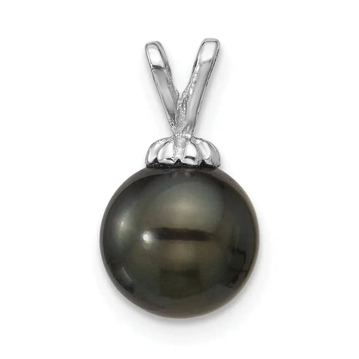 14k White Gold Round Black Tahitian Pearl Pendant by Fine Color Jewels
