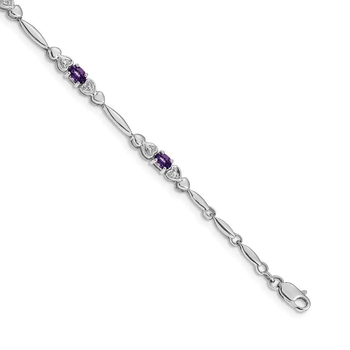 14k White Gold Unisex Oval Amethyst Heart 7 inch Bracelet by Fine Color Jewels