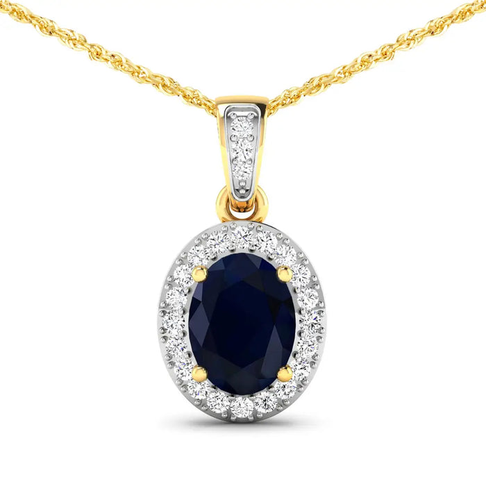 14K Yellow Gold Blue Sapphire Diamond Pendant by Fine Color Jewels