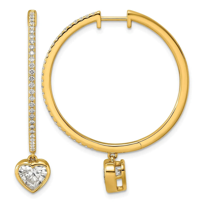 14k Yellow Gold Heart Bezel Dangle Lab Diamond Hoop Earrings by Fine Color Jewels