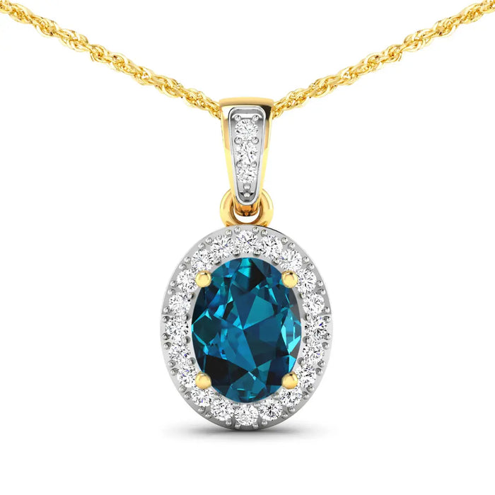 14K Yellow Gold London Blue Topaz Pendant with Diamonds by Fine Color Jewels