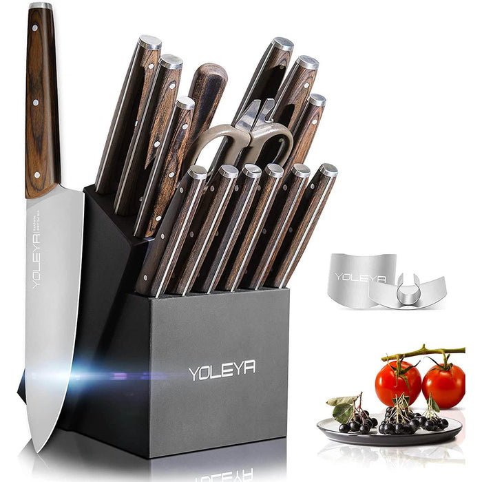 15-Pieces Set: YOLEYA Kitchen Knife Set with Block Wooden Triple Rivets by DailySale