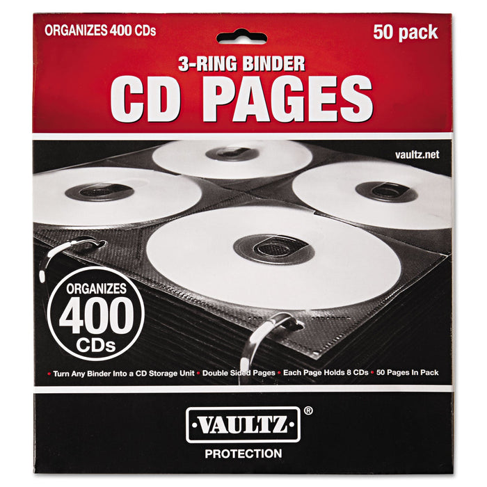 Vaultz Two-Sided CD Refill Pages for Three-Ring Binder, 8 Disc Capacity, Clear/Black, 50/Pack