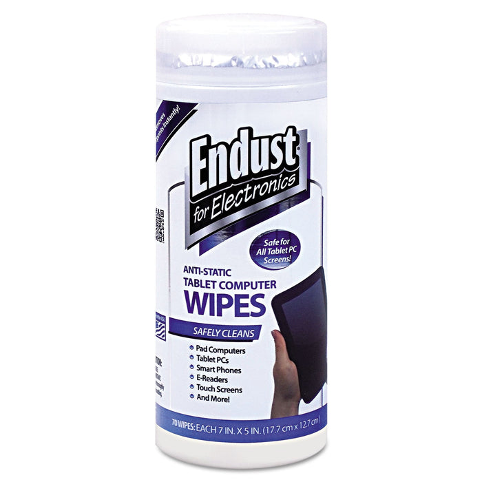 Endust Tablet and Laptop Cleaning Wipes, 5 x 7, Unscented, White, 70/Tub