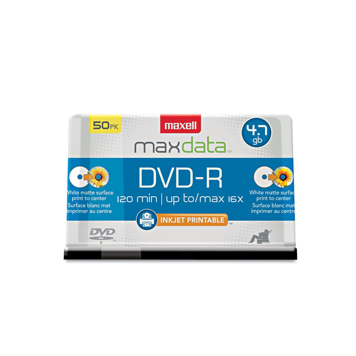 Maxell DVD-R Recordable Disc, Printable, 4.7 GB, 16x, Spindle, White, 50/Pack