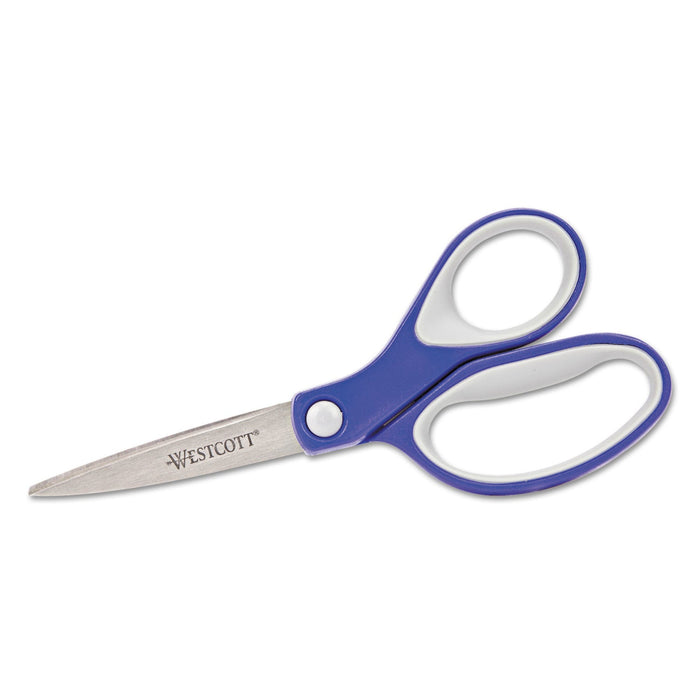 Westcott KleenEarth Soft Handle Scissors, Pointed Tip, 7" Long, 2.25" Cut Length, Blue/Gray Straight Handle
