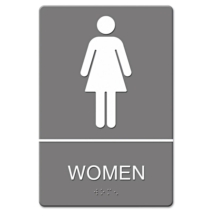 Headline ADA Sign, Women Restroom Symbol w/Tactile Graphic, Molded Plastic, 6 x 9, Gray