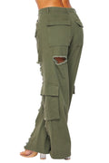 Distressed Wide Leg Cargo Pocket Pants by The House of Stylez