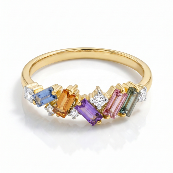 IGI Certified 0.65 Ct Baguette Multi Color Unheated Sapphire and Diamond 14K Yellow Gold Engagement Half Eternitiy Ring by Fine Color Jewels