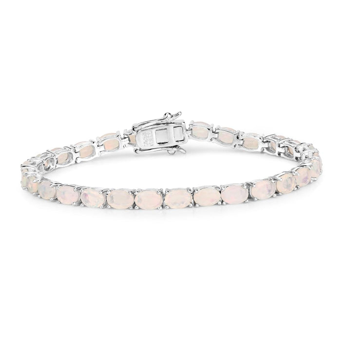 Oval White Ethiopian Opal Prong Silver Tennis Bracelet by Fine Color Jewels