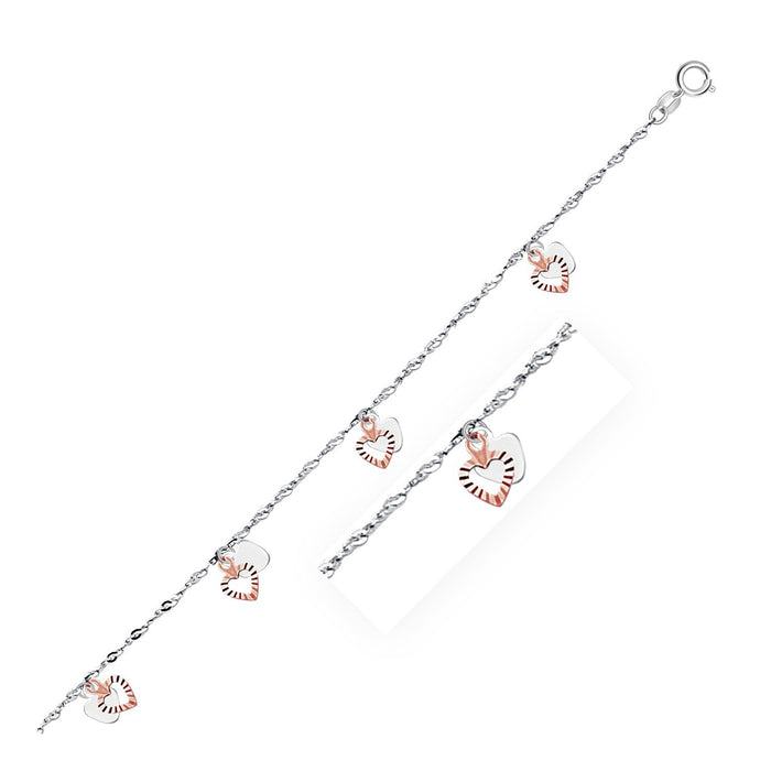 14k White and Rose Gold Anklet with Dual Heart Charms by Bids.com
