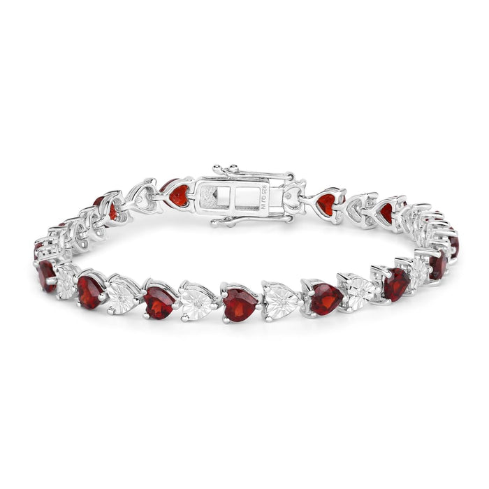 0.14 Ct Heart Red Garnet & Diamond Prong Silver Box Clasp Tennis Bracelet by Fine Color Jewels
