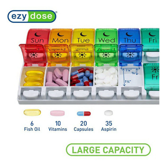 Ezy Dose 7-Day AM/PM Pill Organizer, Large Push Button – Weekly Medication Planner by Pasteur Pharmacy
