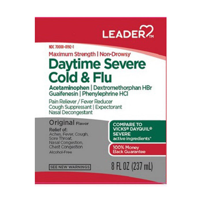 Leader Health Care Severe Cold & Flu, Daytime, Maximum Strength, 8 Oz by Pasteur Pharmacy