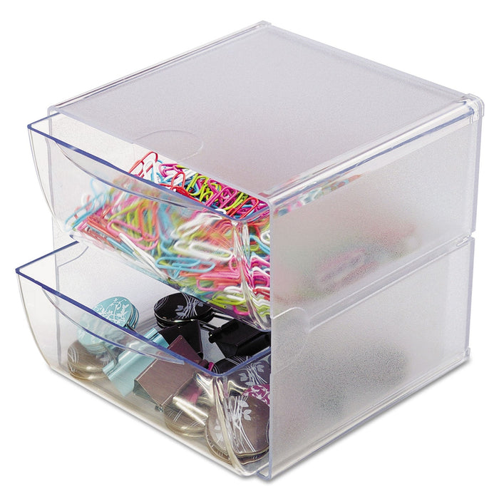 deflecto Stackable Cube Organizer, 2 Compartments, 2 Drawers, Plastic, 6 x 7.2 x 6, Clear