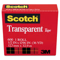 Scotch Transparent Tape, 1" Core, 0.5" x 36 yds, Transparent