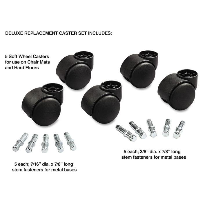 Master Caster Deluxe Futura Casters, Flush Mount, Grip Ring Type B and Type K Stems, 2.19" Soft Polyurethane Wheel, Matte Black, 5/Set