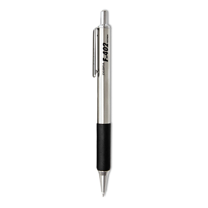 Zebra F-402 Ballpoint Pen, Retractable, Fine 0.7 mm, Black Ink, Stainless Steel/Black Barrel, 2/Pack