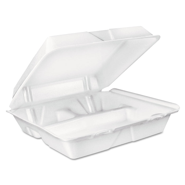 Dart Foam Hinged Lid Container, 3-Compartment, 8 oz, 9 x 9.4 x 3, White, 200/Carton