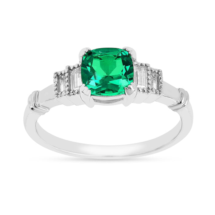 1.14 Ct Cushion Green Colombian Lab Created Emerald and Moissanite Prong Silver Five Stone Ring by Fine Color Jewels