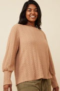 Curvy Long Cuff Cable Knit Pullover Top - Taupe by Boutique 23