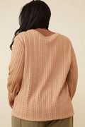 Curvy Long Cuff Cable Knit Pullover Top - Taupe by Boutique 23