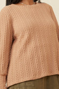 Curvy Long Cuff Cable Knit Pullover Top - Taupe by Boutique 23